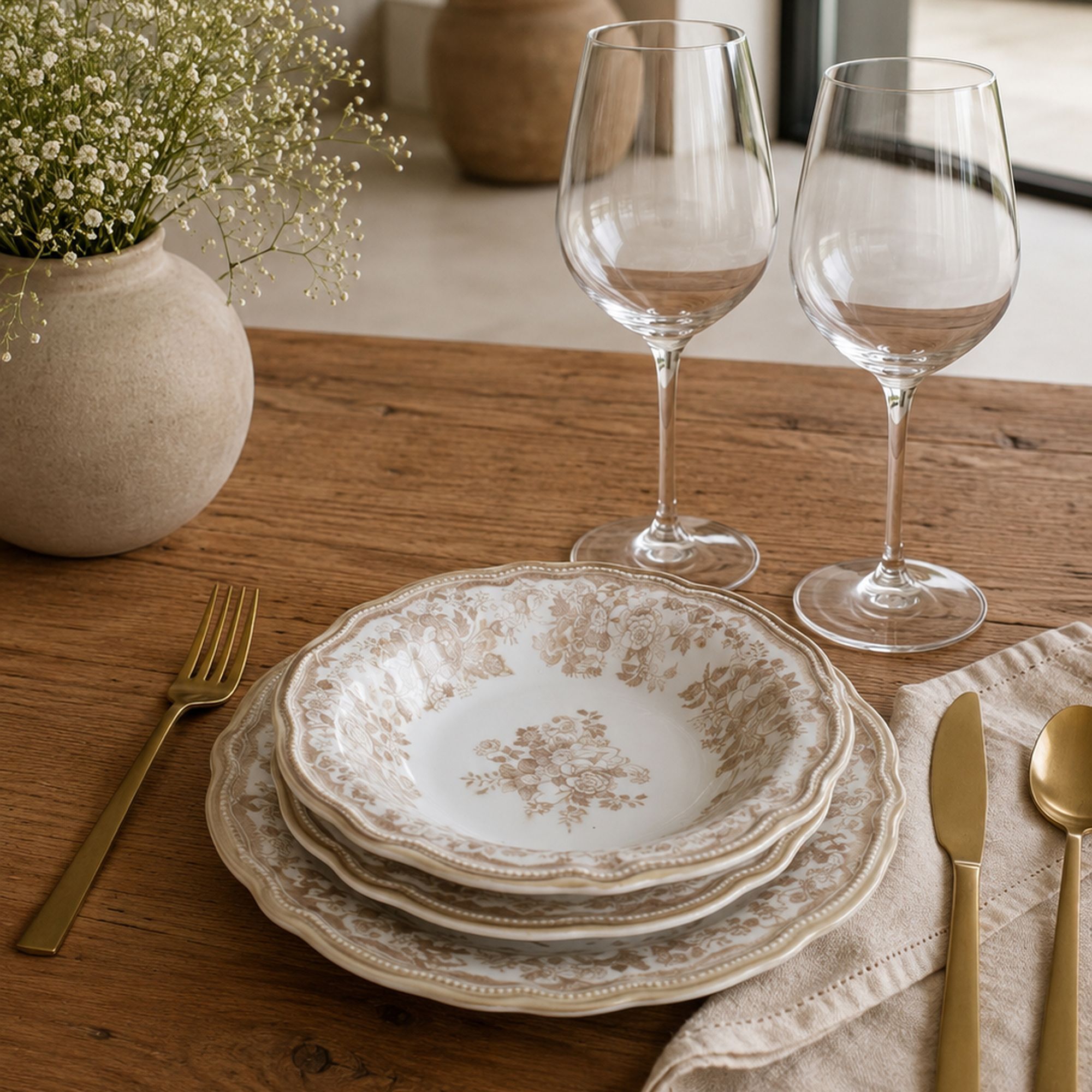 Lot de 6 assiettes à dessert fleuries en grès miel 20cm FAUSTINE