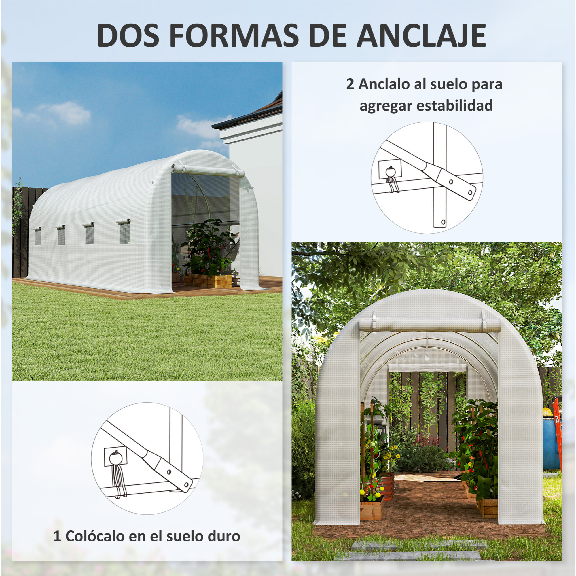 Invernadero de Túnel 500x200x205 cm Invernadero de Jardín con Puerta Enrollable y 8 Ventanas Cubierta PE 140 g/m² Marco de Metal para Cultivo Plantas Verduras Blanco