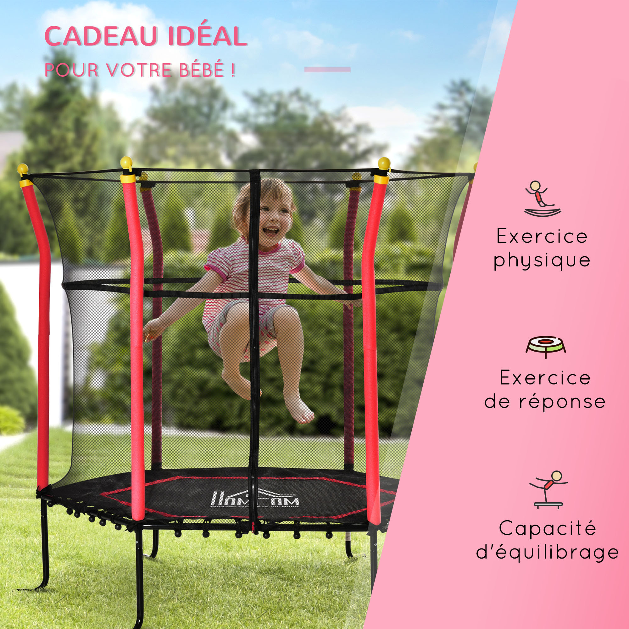 Trampoline enfant Ø 1,60 × 1,63H m filet de sécurité porte zipée couvre-ressorts 6 poteaux rembourrés inclus rouge