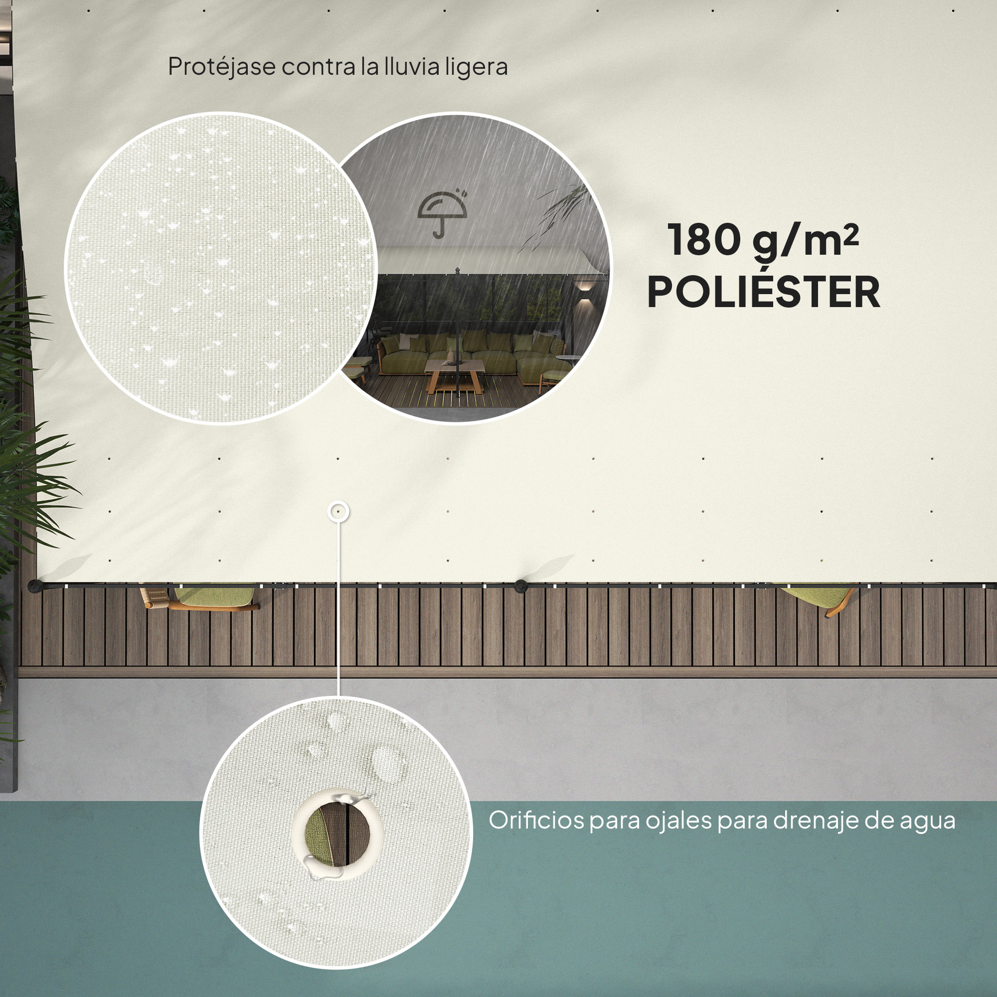 Pérgola de Pared de Jardín 3x6 m, Cenador de Jardín con Techo Inclinado, Orificios de Drenaje y Estructura Metálica, Resistente a la Intemperie, para Patio, Terraza, Balcón, Blanco Crema