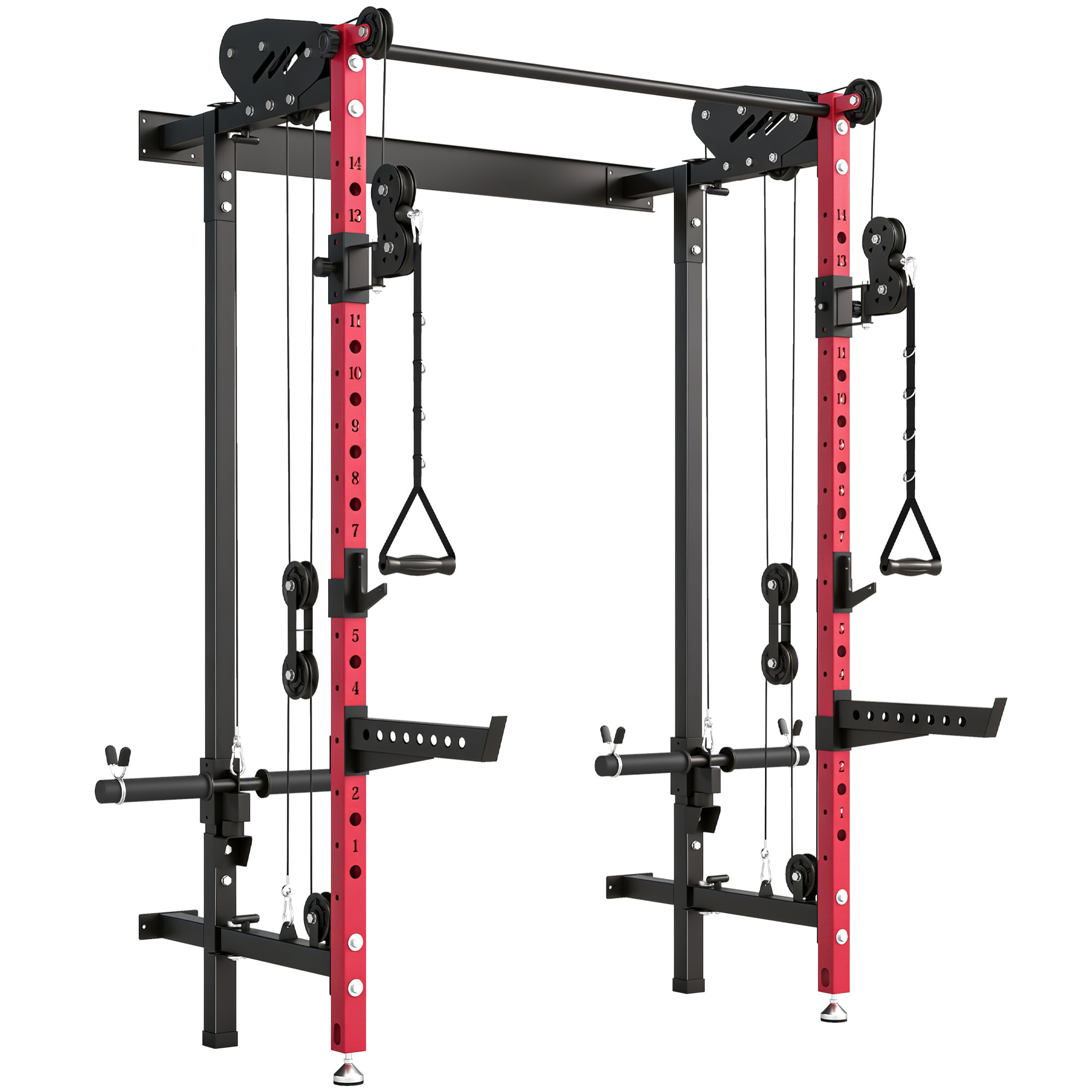 Station de musculation pliable - power rack  700kg double poulie réglable 14 niv. acier rouge noir