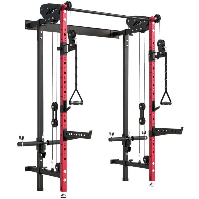 Station de musculation pliable - power rack  700kg double poulie réglable 14 niv. acier rouge noir