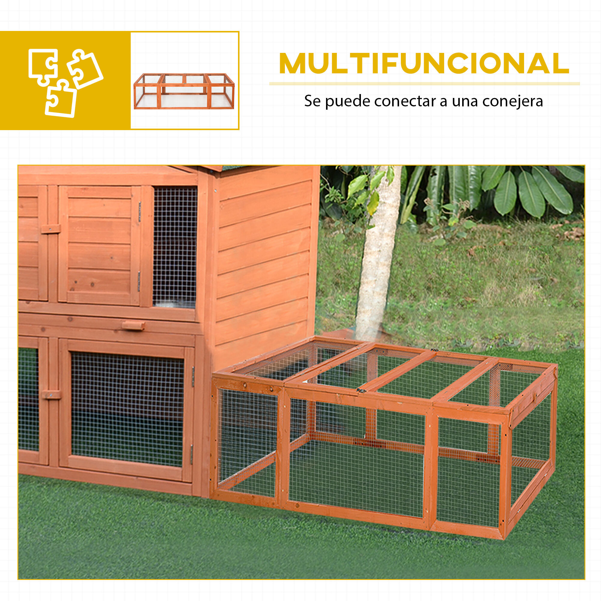 Conejera Exterior de Madera 180x90x48 cm Jaulas para Conejos Grande Casa para Animales Pequeños con 3 Puertas y Alambre de Metal Natural