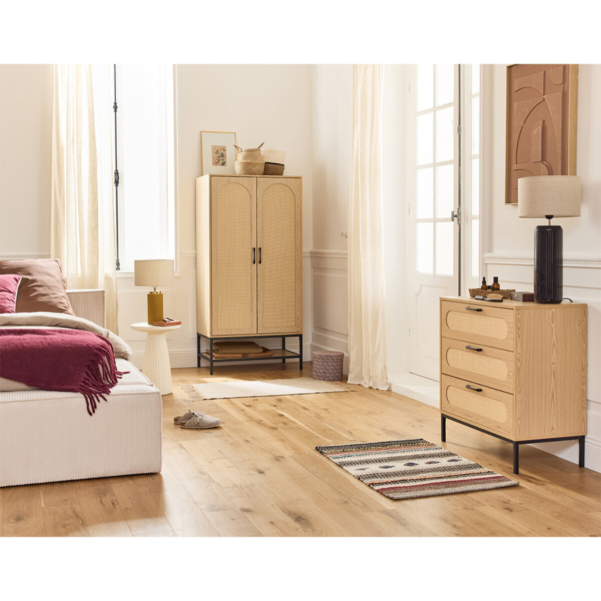 Nagato - commode - cannage et effet bois - 70 cm - Bois