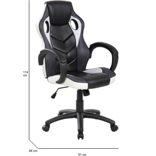 Sedia da gaming Caloundra, Poltrona da gaming adulto, Sedia da scrivania, 66x61h104/114 cm, Nero e Bianco