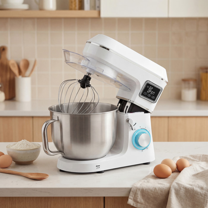 Batidora Amasadora 6L, Amasadora de Pan 1400W, 6 Velocidades, LED, Fermentación, Bol de Acero Inoxidable, Batidor, Gancho, Varilla, Protector contra Salpicaduras, Blanco