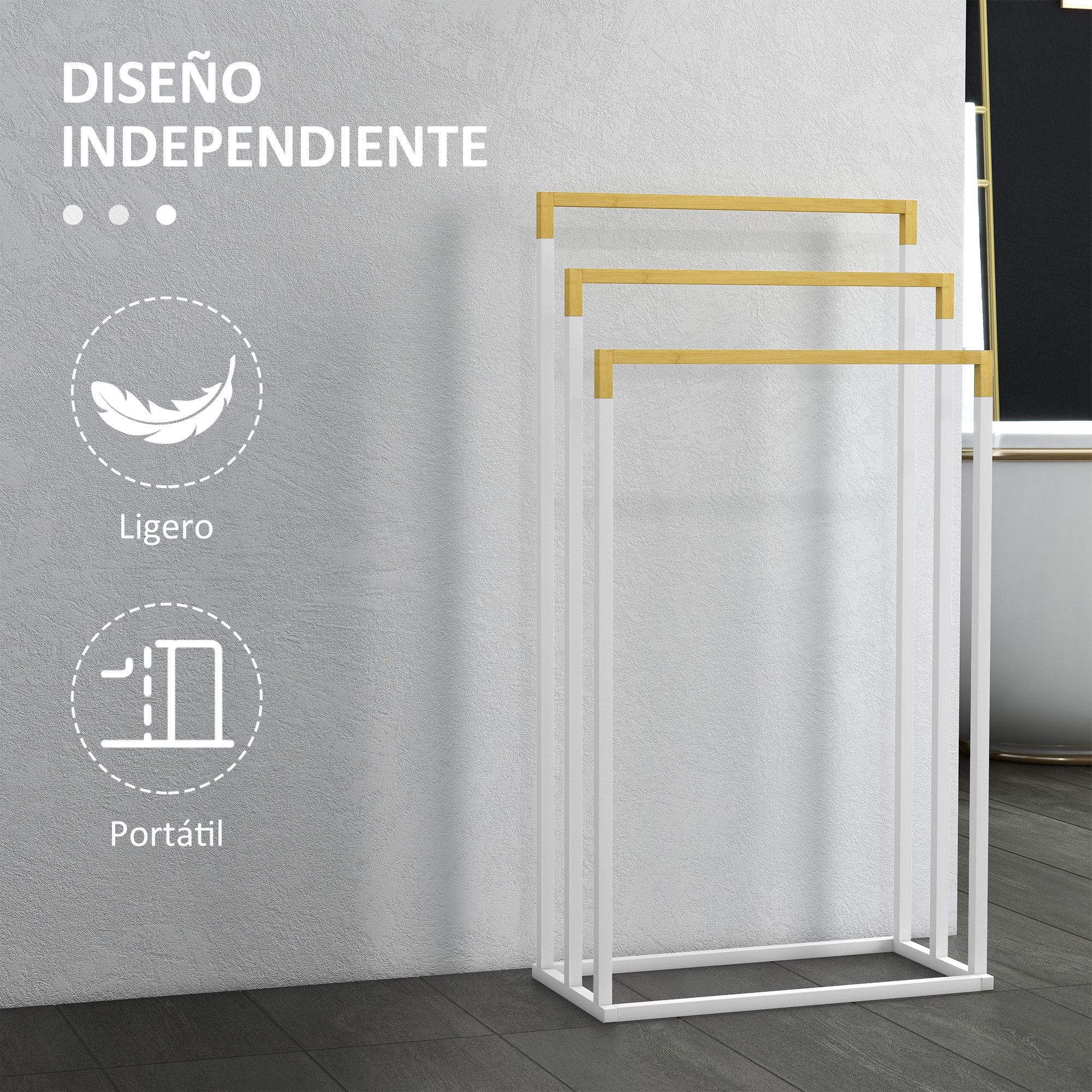 Toallero Escalera de 3 Niveles Toallero de Pie con 3 Barras de Bambú y Marco de Acero Toallero para Baño Lavadero 45x22,5x86 cm Blanco y Natural