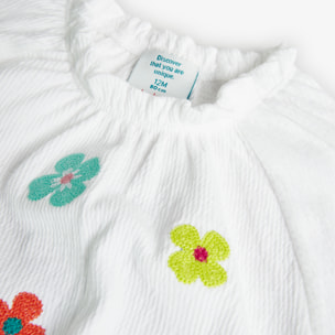 Camiseta niÃ±a engomada, estampado flores, blanco, mangas