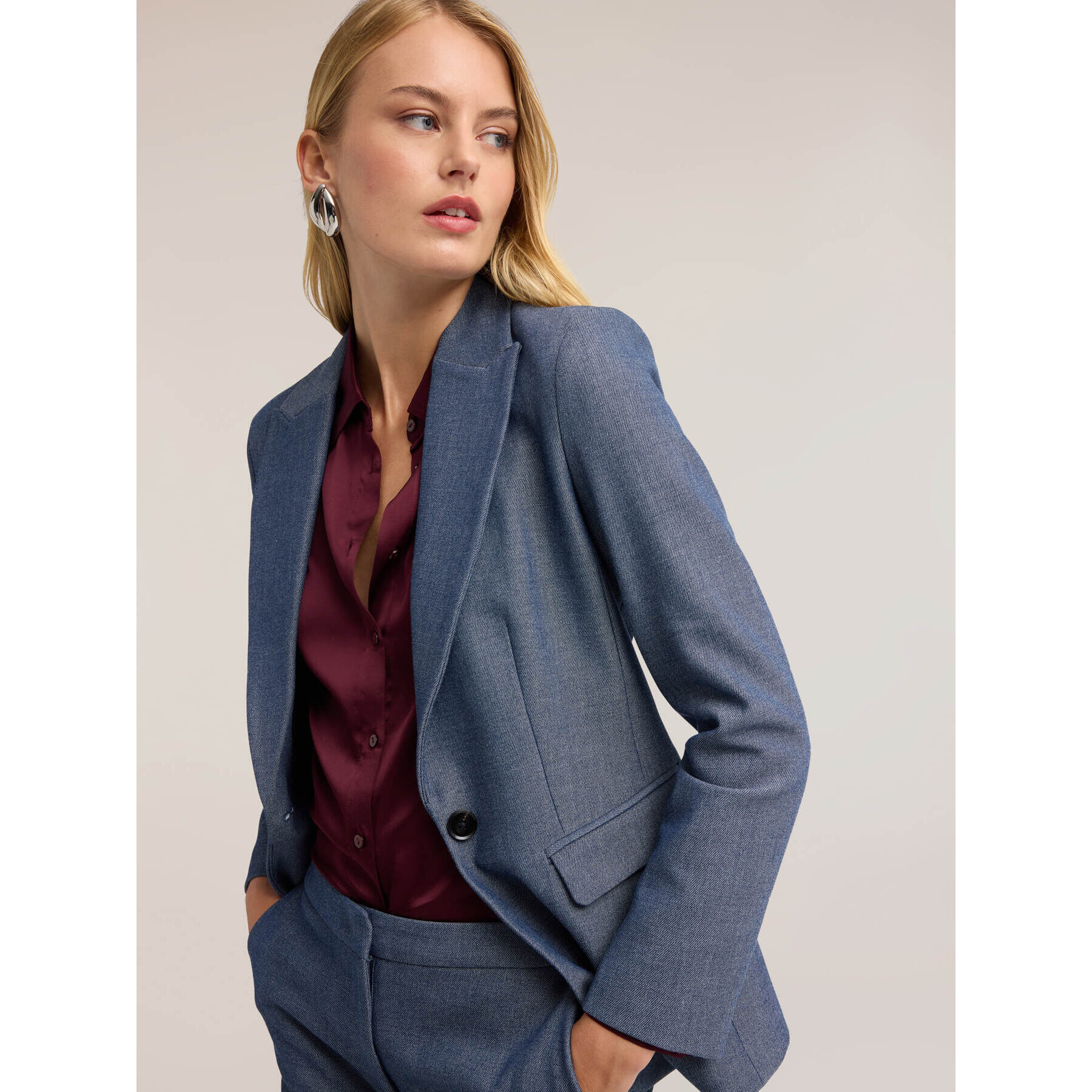Motivi - Blazer in tessuto tinto filo con revers a lancia - Azzurro