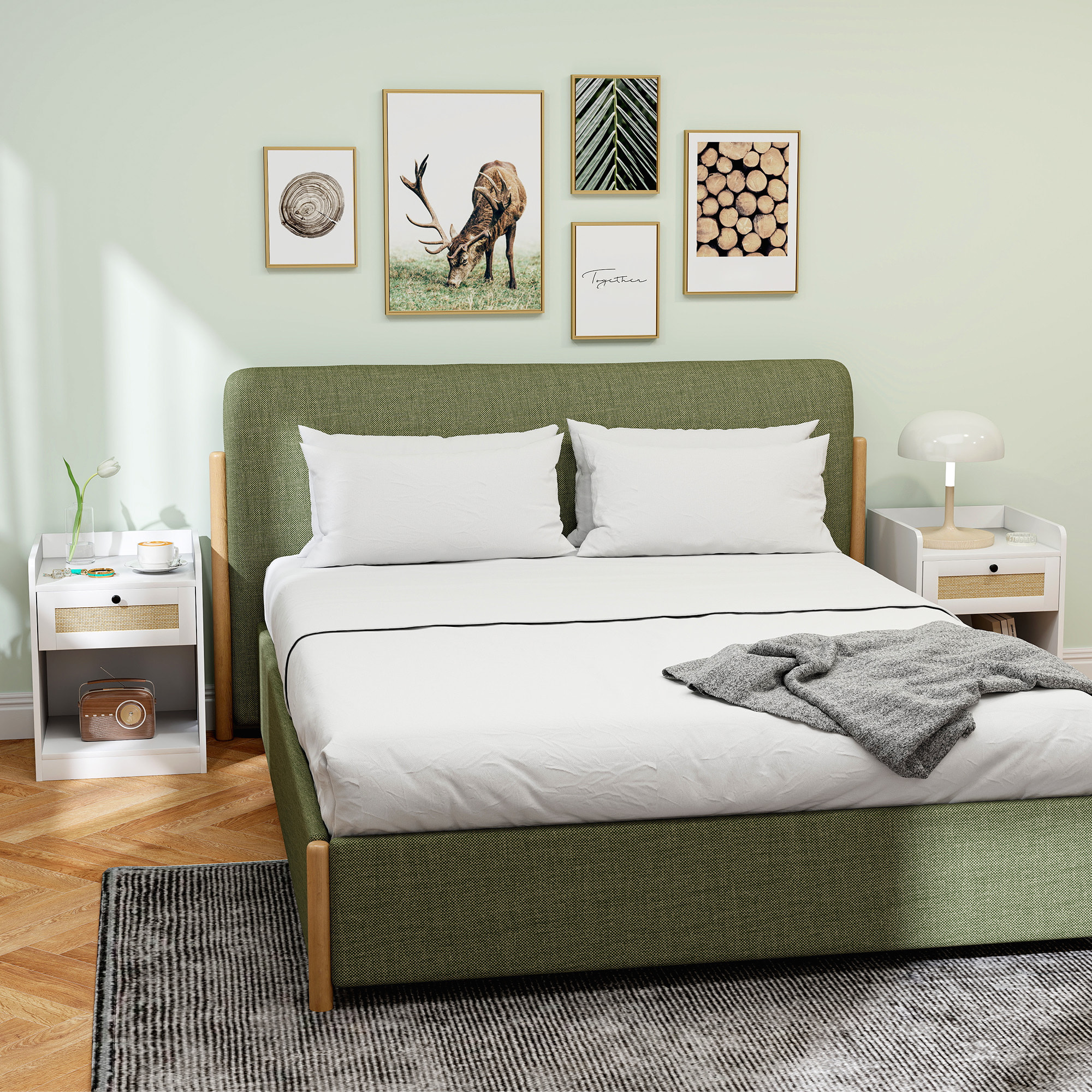 Juego de 2 Mesitas de Noche con Cajón con Frontal de Ratán Mesillas de Noche para Dormitorio para Habitación Hogar 40x40x53 cm Blanco