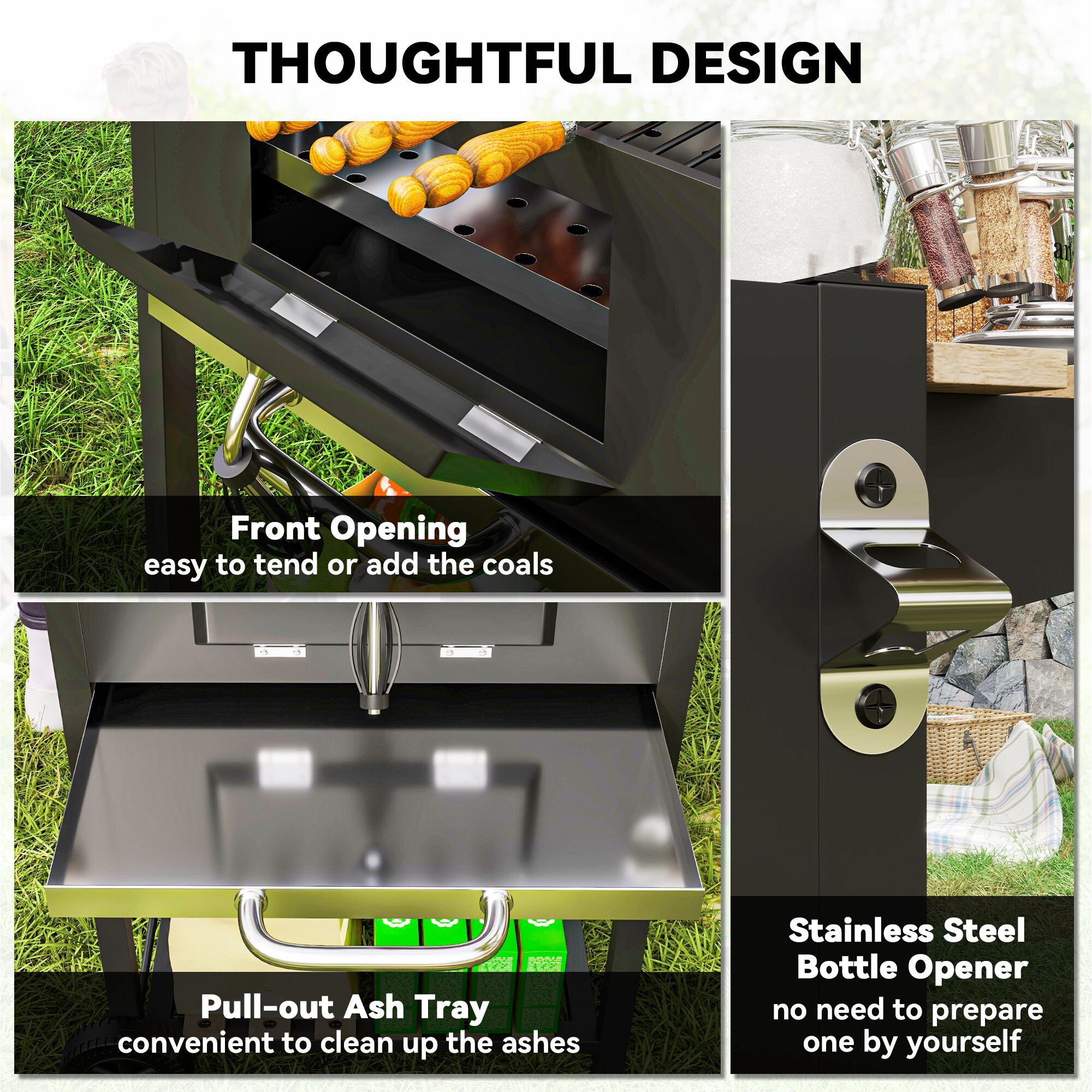Barbecue charbon de bois avec couvercle 2 roues - hauteur grille réglable, thermomètre, 3 étagères - acier noir bois
