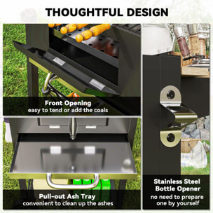 Barbecue charbon de bois avec couvercle 2 roues - hauteur grille réglable, thermomètre, 3 étagères - acier noir bois
