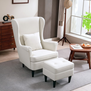 Sillón con Reposapiés Sillón Lectura con Respaldo Alto Capitoné Patas de Madera Almohada Acolchada y Tapizado en Lino Butaca para Salón Dormitorio Oficina Beige