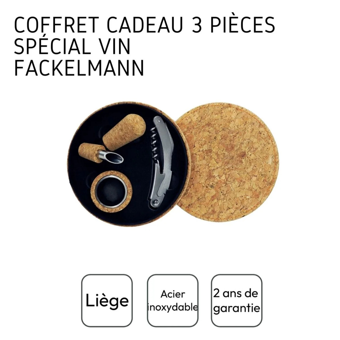 Coffret cadeau d'accessoires pour bouteille de vin 3 pièces avec boite en liège Fackelmann Gift