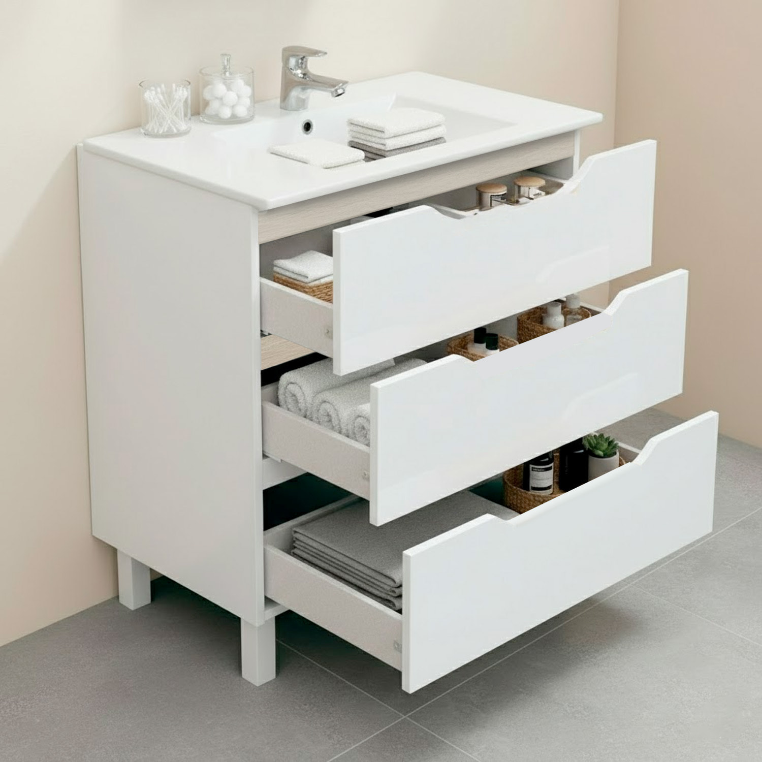 Mobile Bagno A Terra Con 3 Cassettoni Soft Close E Lavabo In Ceramica Incluso Mobiletto Design Moderno Salvaspazio 80 x 45 x 86 Cm Colore Bianco