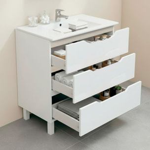 Mobile Bagno A Terra Con 3 Cassettoni Soft Close E Lavabo In Ceramica Incluso Mobiletto Design Moderno Salvaspazio 80 x 45 x 86 Cm Colore Bianco