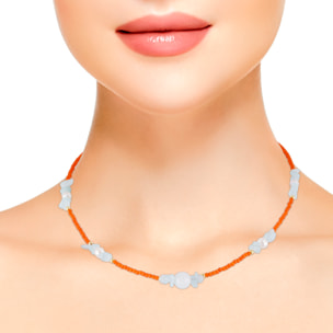 Collar de ojo de gato naranja, lapislázuli claro, mármol blanco y perlas naturales con cierre de mosquetón.