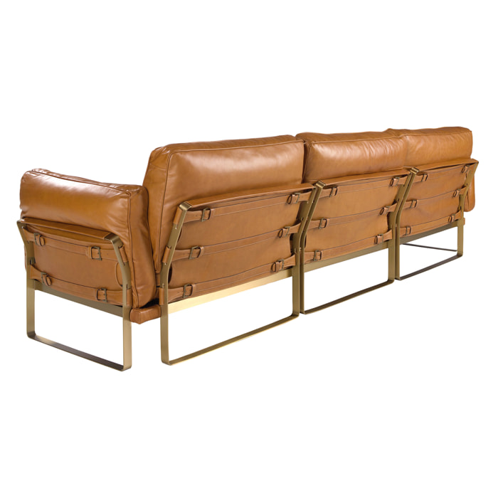 Sofá chaise longue Angel Cerdá izquierda de 5 plazas tapizado en piel de origen vacuno en camel patas de acero inoxidable en dorado 302x166x84cm