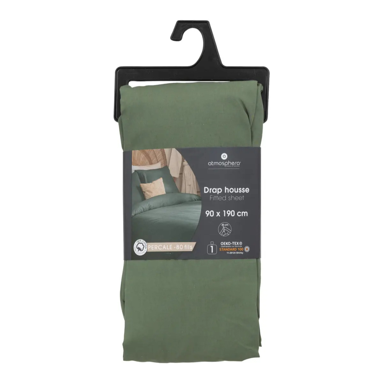 Drap-housse, percale, vert, 90x190 cm