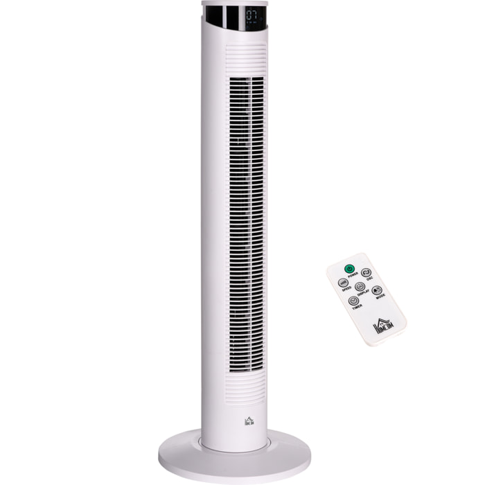 Ventilador de Torre Oscilante 45W con Control Remoto Temporizador de 12â‚¬Â¯h 3 Velocidades 3 Modos Pantalla LED y Asa de Transporte para Dormitorio Ø31,5x93 cm Blanco