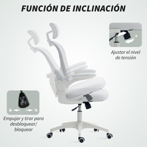 Silla de Oficina de Malla, Silla de Escritorio Giratoria con Función Basculante, Respaldo Alto, Reposacabezas Ajustable, Soporte Lumbar 4D, Brazo Abatible, Altura Ajustable, Blanco