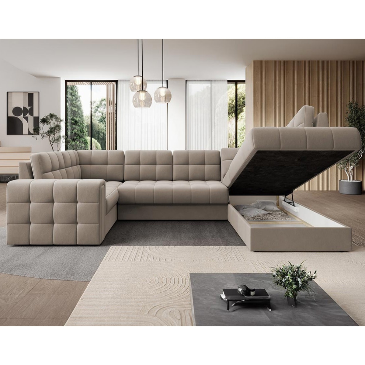 Nappa - Canapé panoramique d'angle gauche 7 places convertible avec coffre en velours - Beige