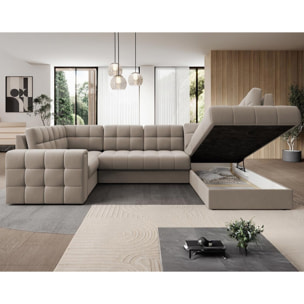 Nappa - Canapé panoramique d'angle gauche 7 places convertible avec coffre en velours - Beige