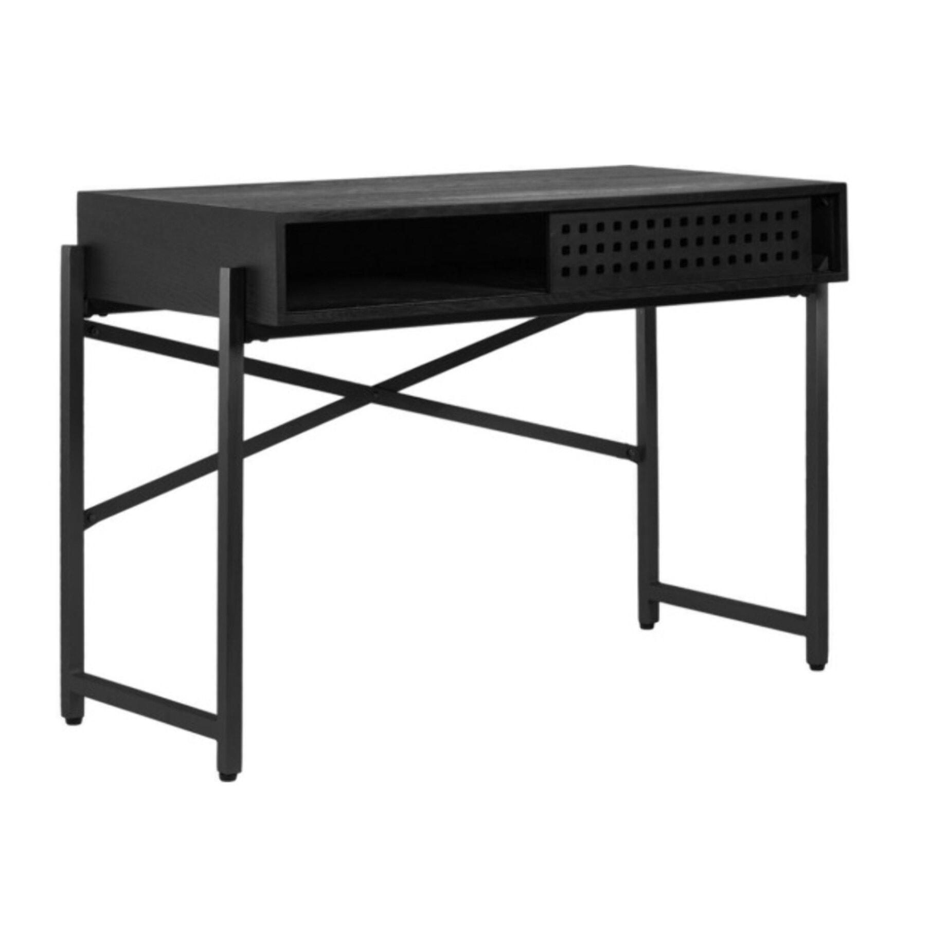 Console avec caisson à porte coulissante ajourée et pieds en métal - Noir - MALIA