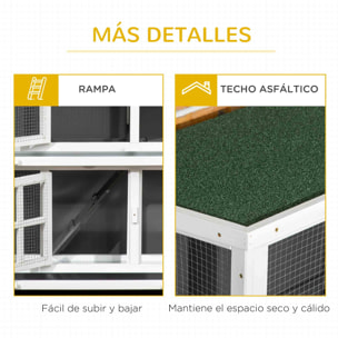 Conejera de Madera de 2 Niveles Jaula para Conejos con Ruedas 2 Puertas Techo Abatible y 2 Bandejas Extraíbles Conejera para Interior y Exterior 119x50,5x109 cm Blanco y Gris