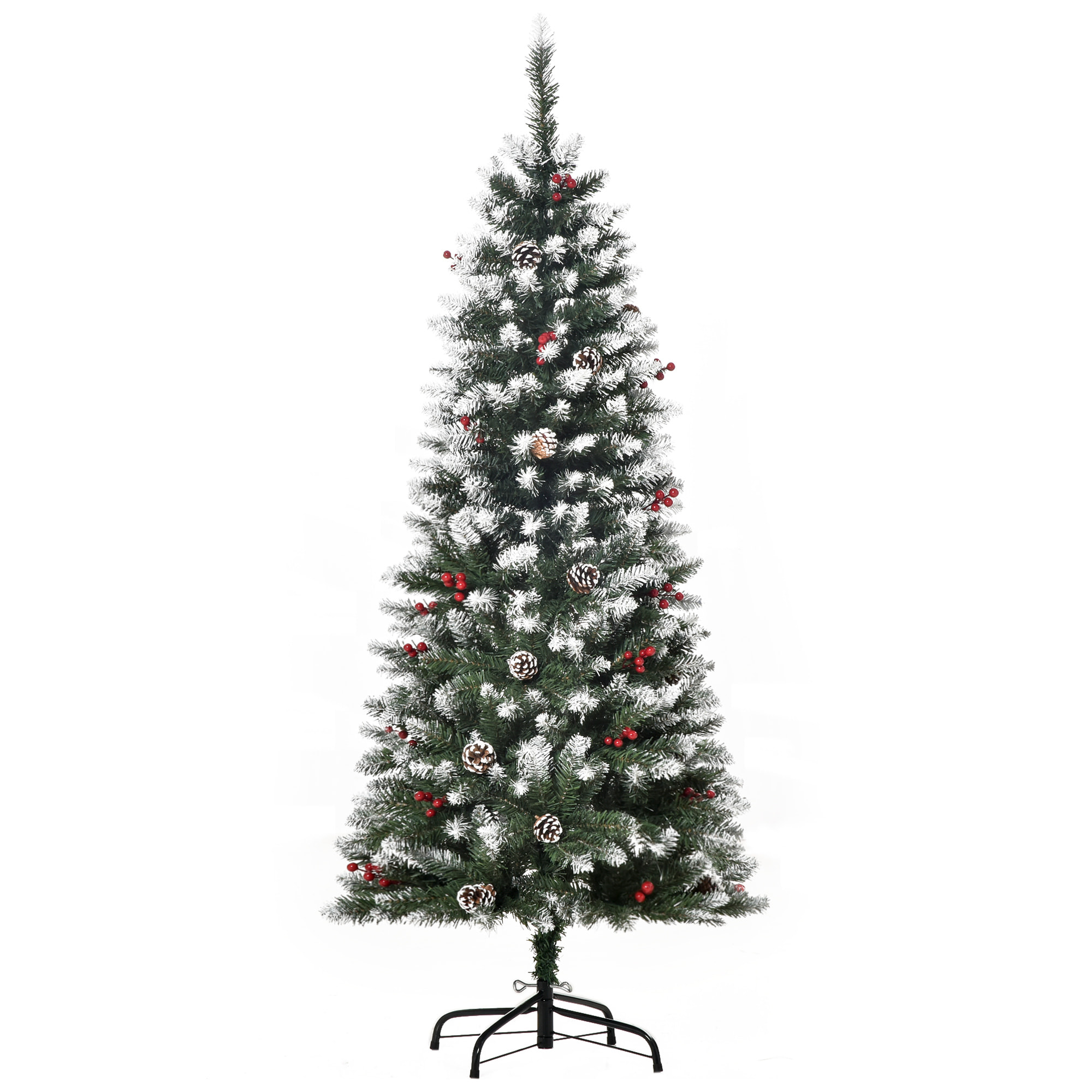 HOMCOM árbol de Navidad Artificial Plegable 150 cm con Nieve Ignífugo con 408 Ramas 28 Bayas 24 Piñas Hojas de PVC Apertura Automática y Soporte Metálico Decoración Navideña para Interior Verde