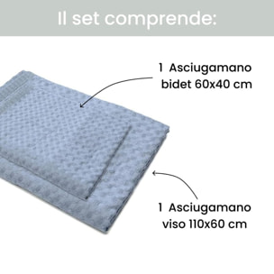 Set asciugamani bagno in cotone spugna 300 gr/mq, coppia viso e bidet morbida e assorbente, asciugatura efficace e comfort sulla pelle, resistenti ai lavaggi, ideali per uso quotidiano, set coordinato bagno, dimensioni 110x60 cm e 60x40 cm