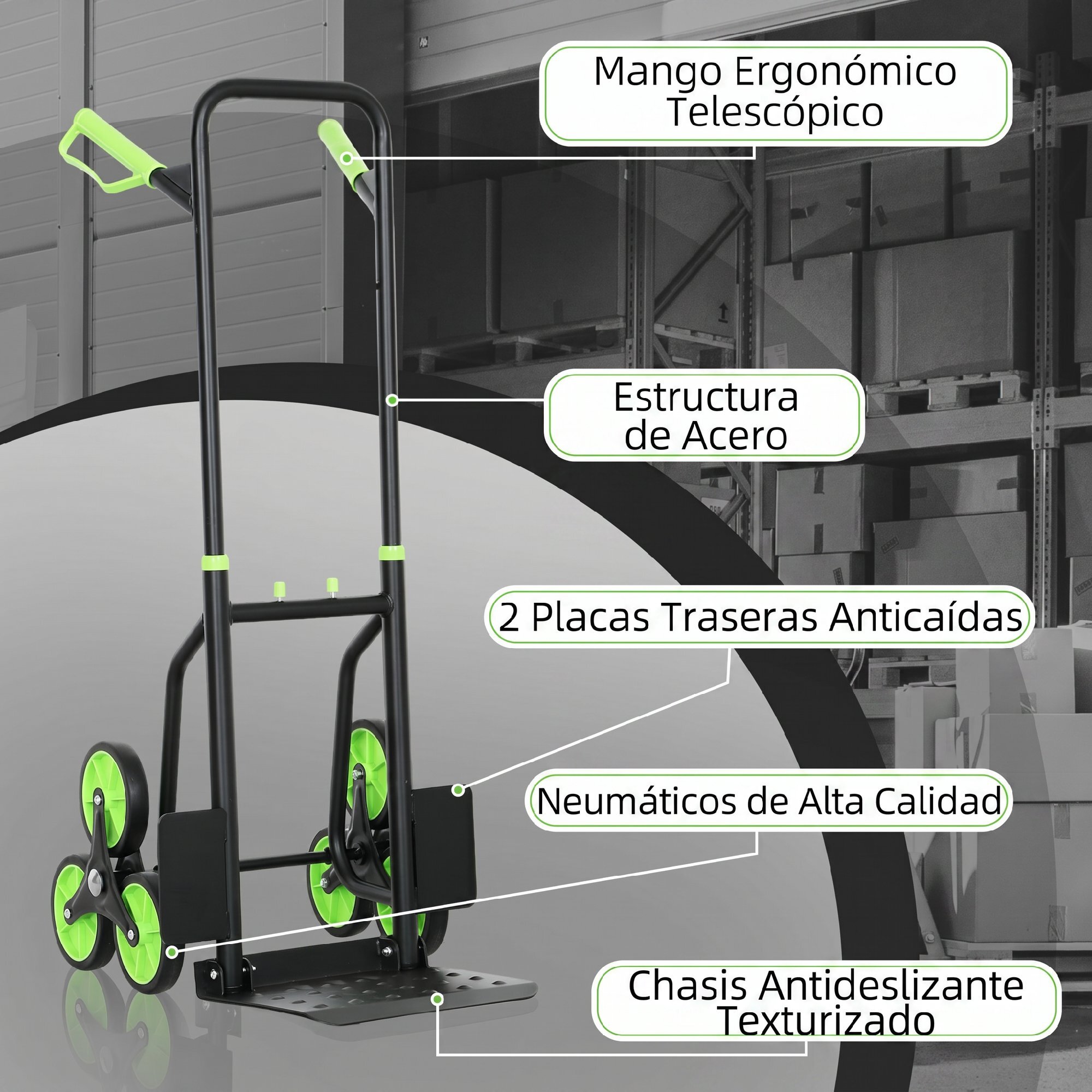 Carretilla Plegable para Escalera con Ruedas Carga 120kg Carretilla de Mano Portátil para Entrega Almacenes Mercado Viajar Mudarse Verde