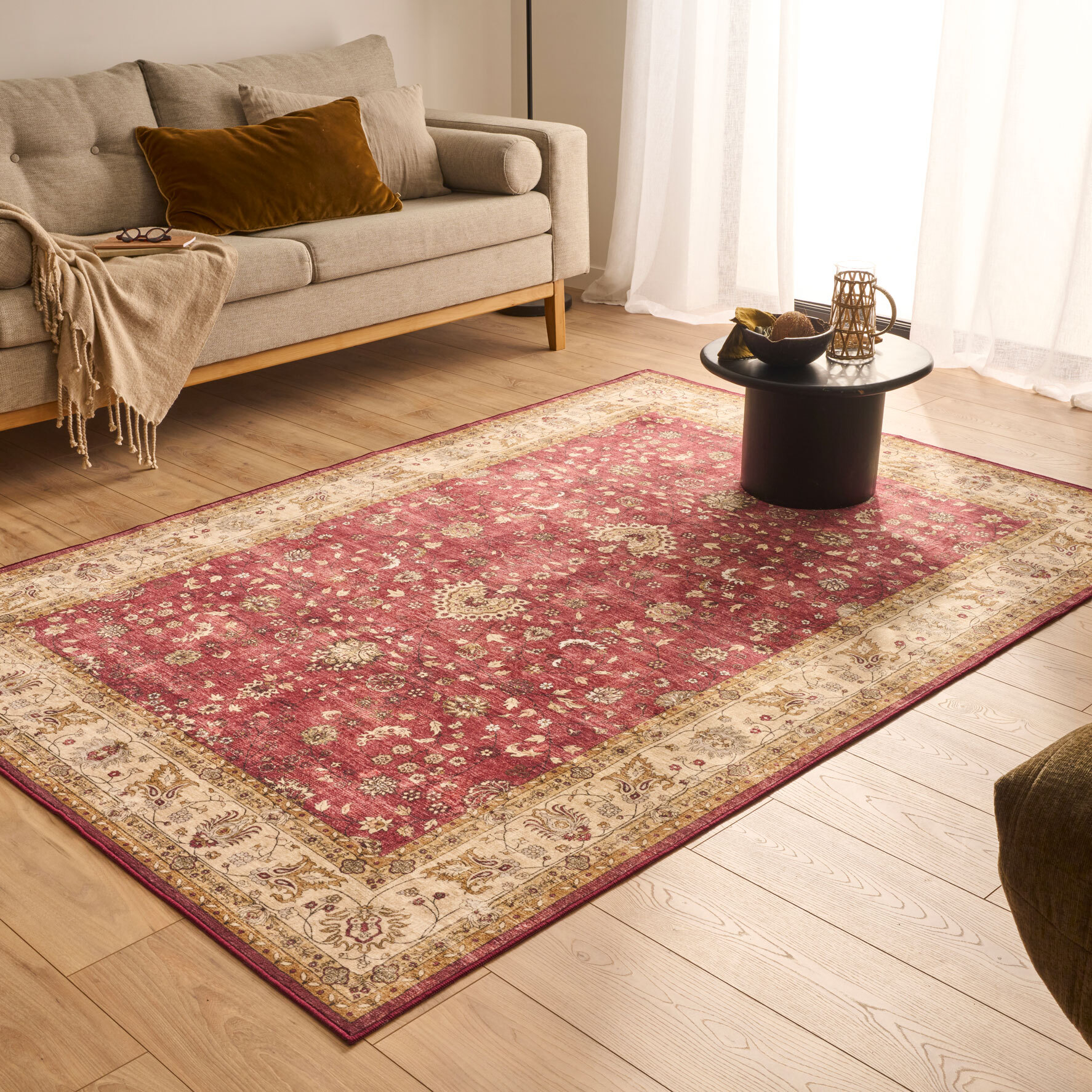 OTTOMAN - Tapis à poils courts doux à motif arabesque rouge