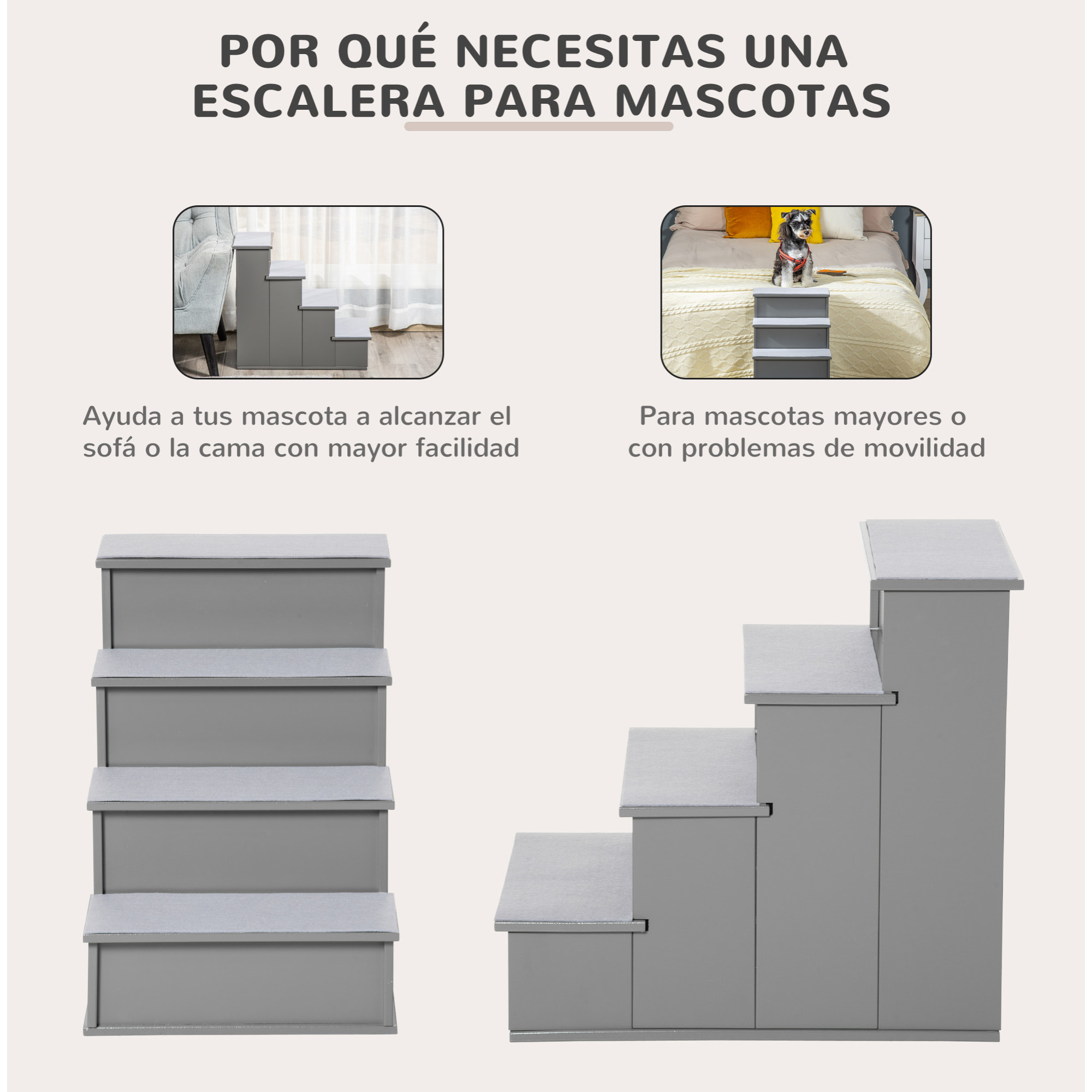 Escalera para Perros de 4 Peldaños Escalera para Mascotas Escalones para Perros Gatos con Acolchados Desmontables Carga 30 kg para Cama Sofá 40x59x54,2 cm Gris