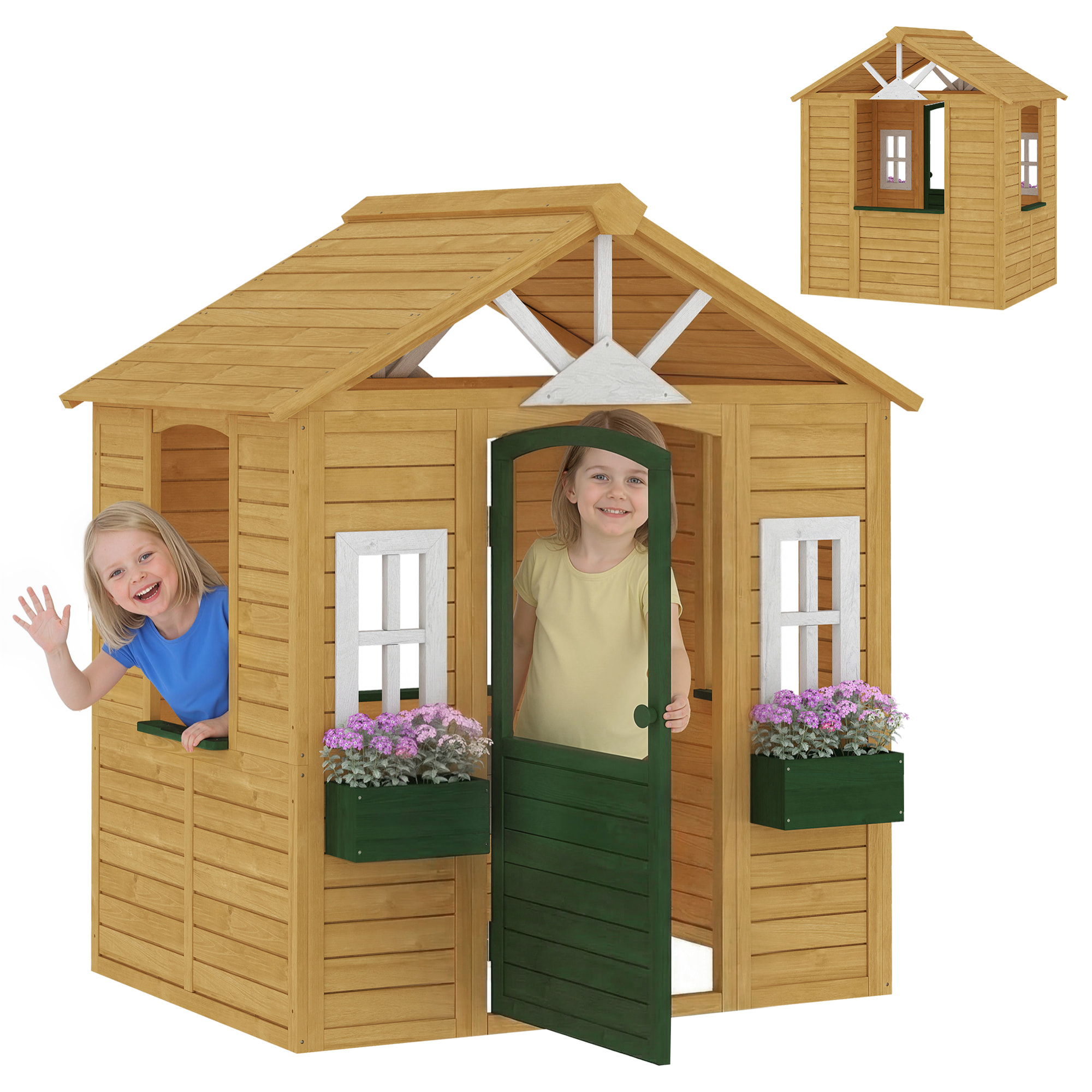 Casita Infantil Exterior e Interior de Madera, Casita Infantil con 2 Maceteros, 3 Ventanas, Media Puerta, Casa de Jardín para Niños de 3-8 Años, Marrón