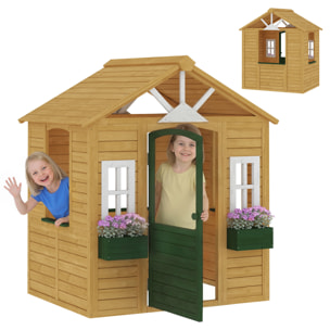 Casita Infantil Exterior e Interior de Madera, Casita Infantil con 2 Maceteros, 3 Ventanas, Media Puerta, Casa de Jardín para Niños de 3-8 Años, Marrón