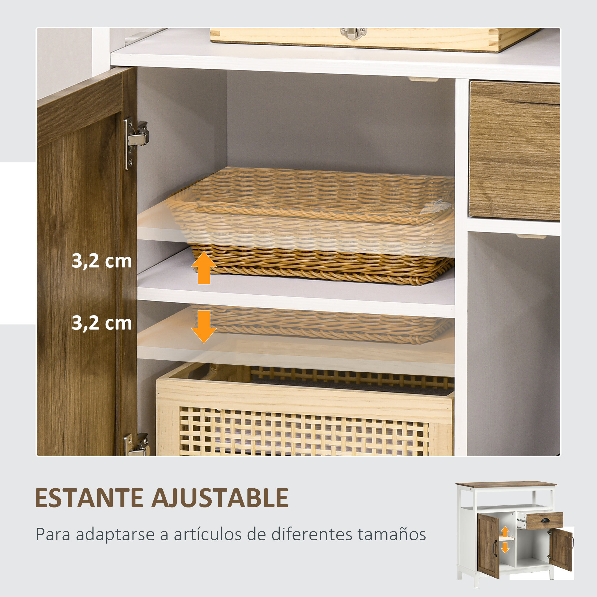 Aparador de Salón Armario Almacenaje de Madera con 2 Puertas Cajón y Estante Ajustable para Comedor Cocina Dormitorio 76,6x35x81,5 cm Blanco y Marrón