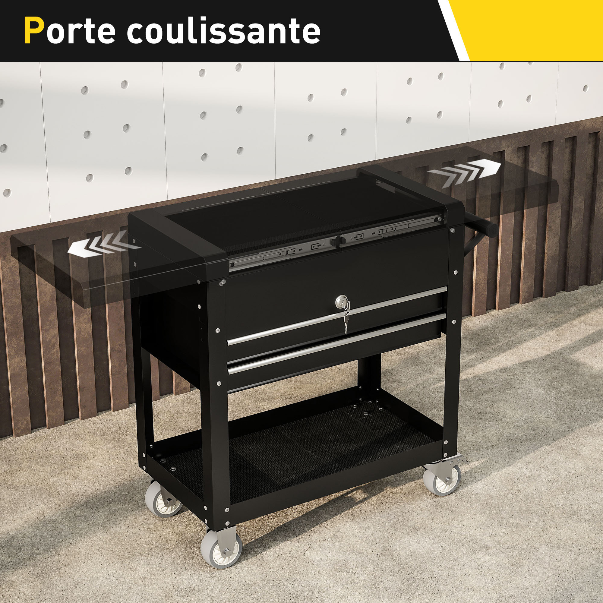 Servante d'atelier acier plateau coulissant coffre rangement 2 tiroirs verrouillables étagère noir