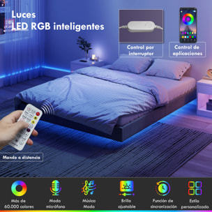 Somier Flotante 160x200 cm con Luces LED, Estructura de Cama, Tapizado en Lino, Láminas de Madera, Silencioso, Fácil de Montar, Gris