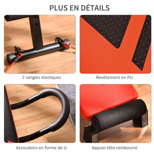 Banc de musculation pliable réglable - 2 bandes de résistance, ressort central traction, 2 poignées - acier PU rouge noir