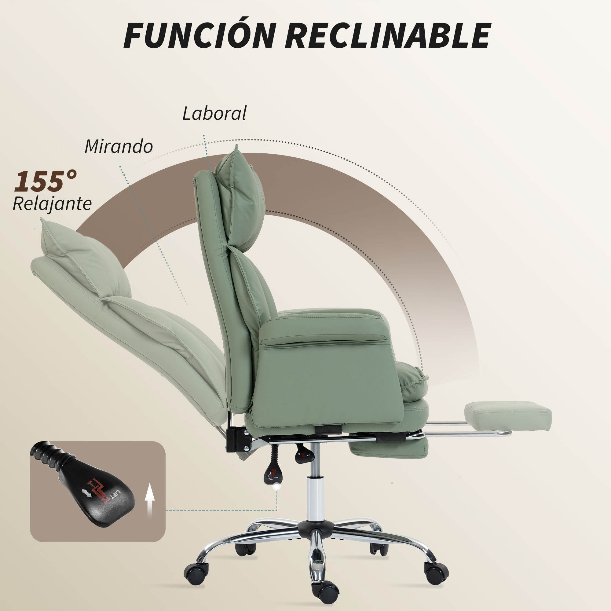 Silla de Escritorio con Reposapiés, Silla de Oficina Giratoria, con Respaldo Reclinable y Alto, Acolchado Grueso, Tapizada en Cuero Sintético, Soporte Lumbar, Altura Ajustable, Ruedas, Verde