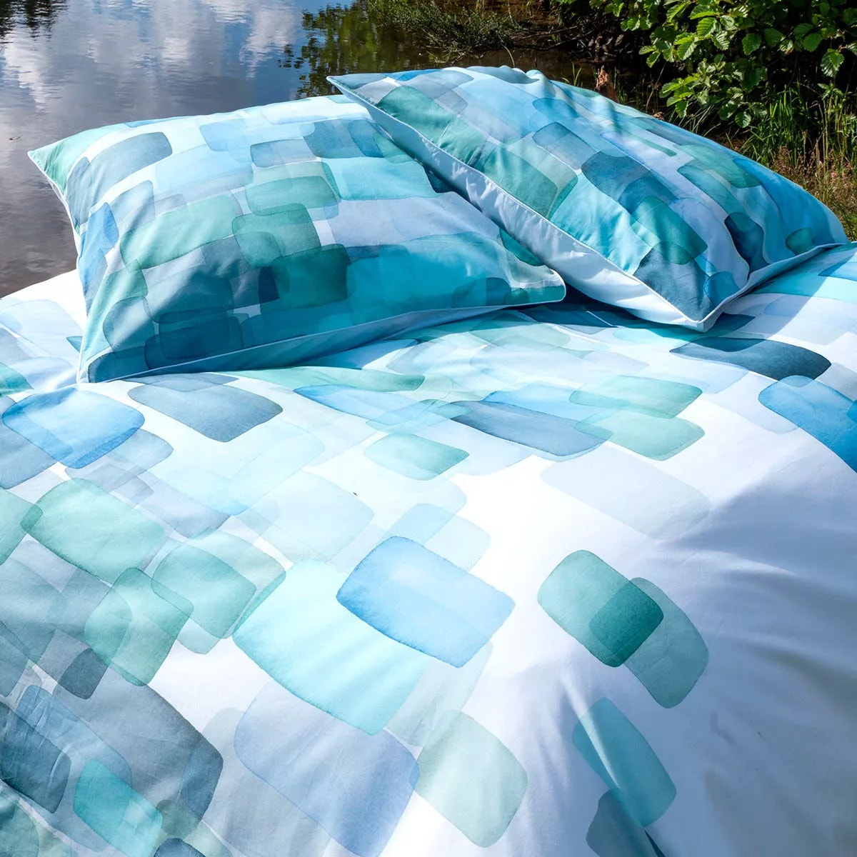 Lot h.couette +taies percale de coton 115 g/m² imprimé vert bleu Ondine mineral