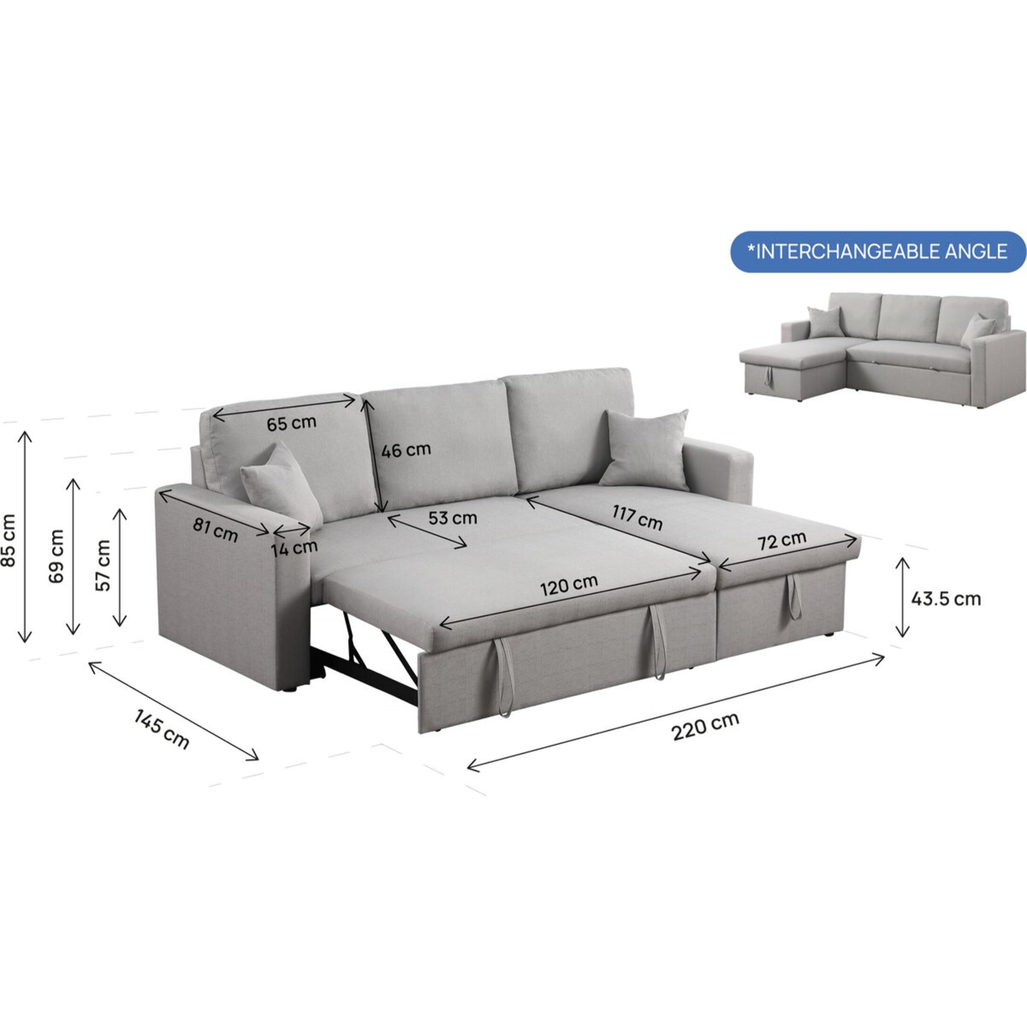 Canapé d'angle convertible/ réversible avec coffre "Alain" - 3 places - Gris clair