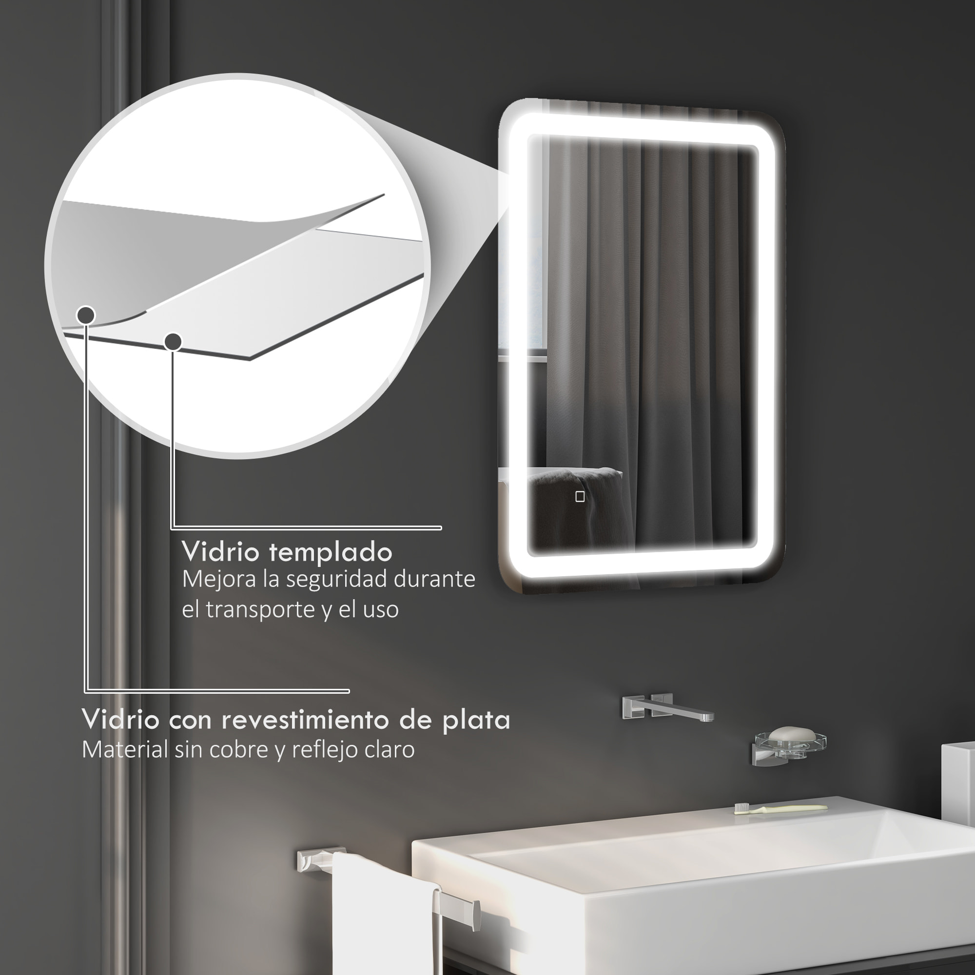 Espejo de Baño con Luces LED, 50x70 cm, Espejo de Pared, 3 Colores de Luz, Brillo Regulable, Función Antivaho, Función de Memoria, Interruptor Táctil, IP44, Horizontal/Vertical