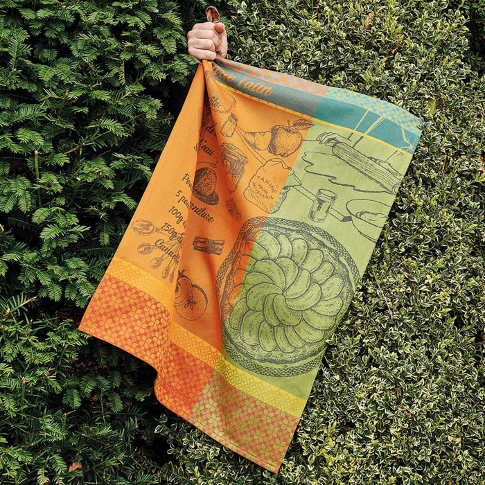 Torchon pur coton motif jacquard vert orange Tarte tatin orange