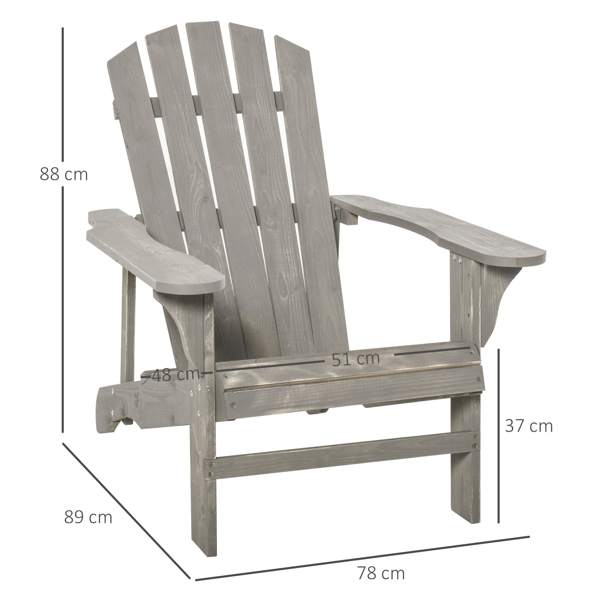 Silla Adirondack de Madera Silla de Jardín con Asiento Extra Ancho Carga 150 kg para Patio Terraza Balcón 78x89x88 cm Gris Claro