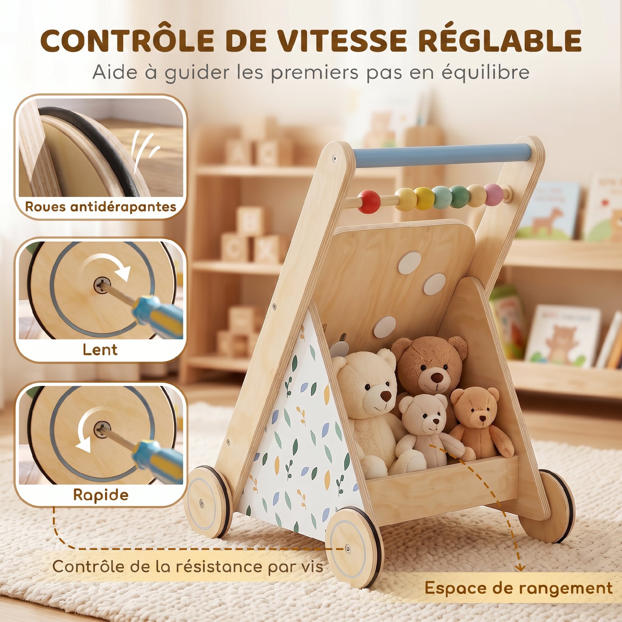 Chariot de marche multi-activités bois - trotteur bois - modèle natural fun