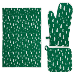 Set torchon avec manique et gant de cuisine Excelsa – Green Winter, Coton Vert