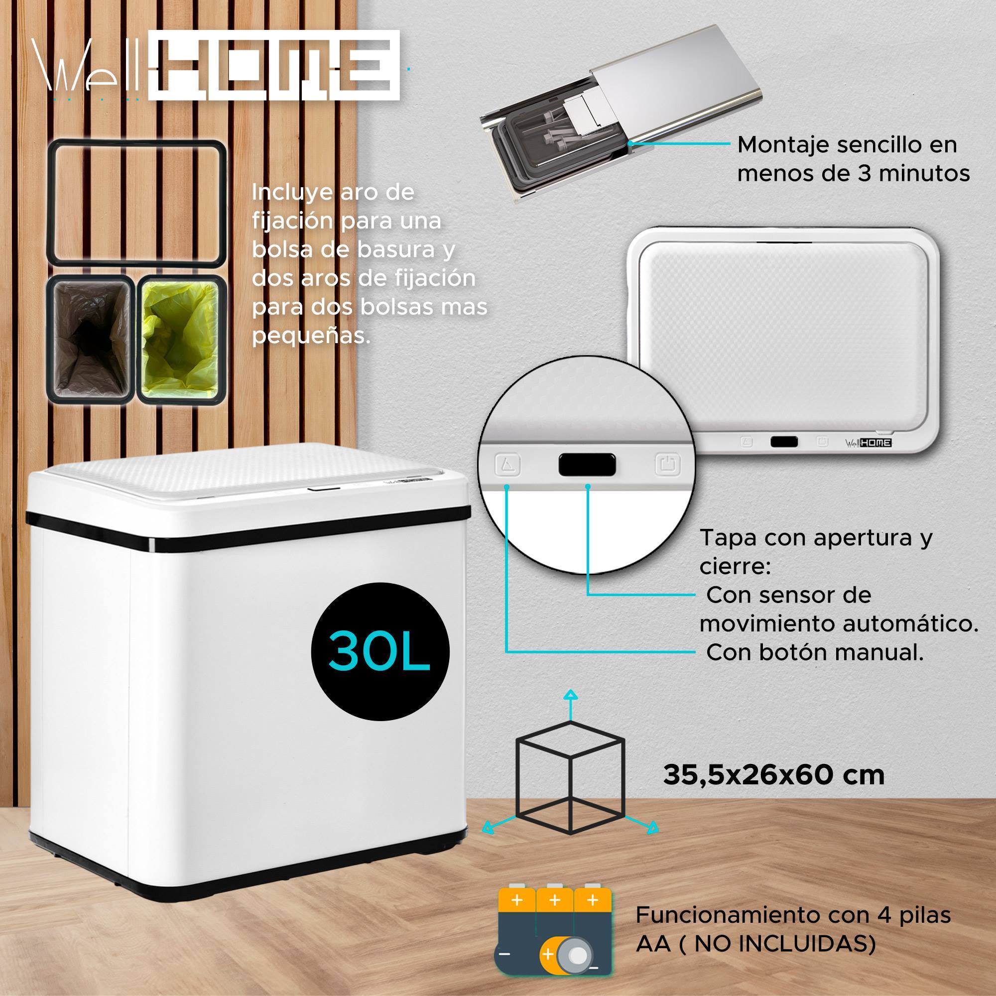 Well home - cubo de basura inteligente sin patas para reciclaje con apertura automática y contacto manual 15l+15l 35,5x26x60cm color blanco