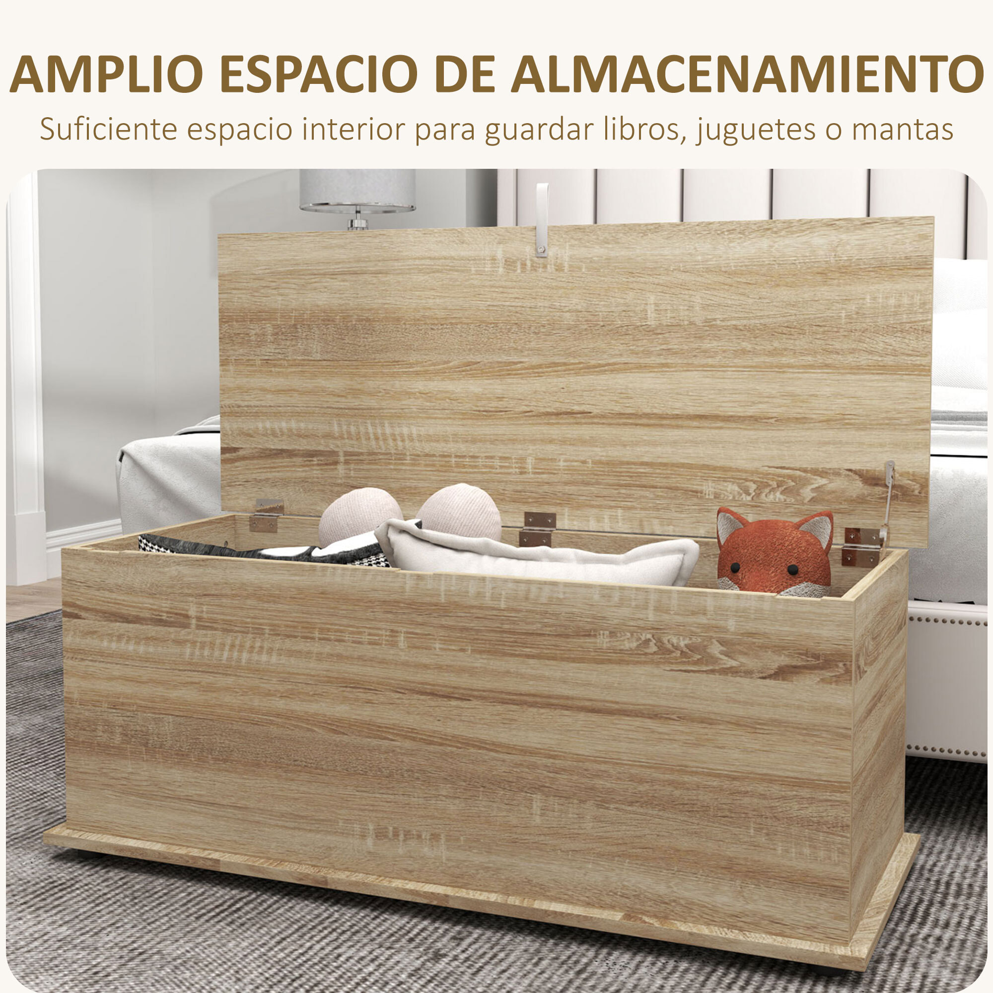Baúl de Almacenaje, Banco de Almacenaje con Bisagra de Seguridad, Estilo Moderno, para Pasillo, Dormitorio, Salón, 100x40x40 cm, Roble